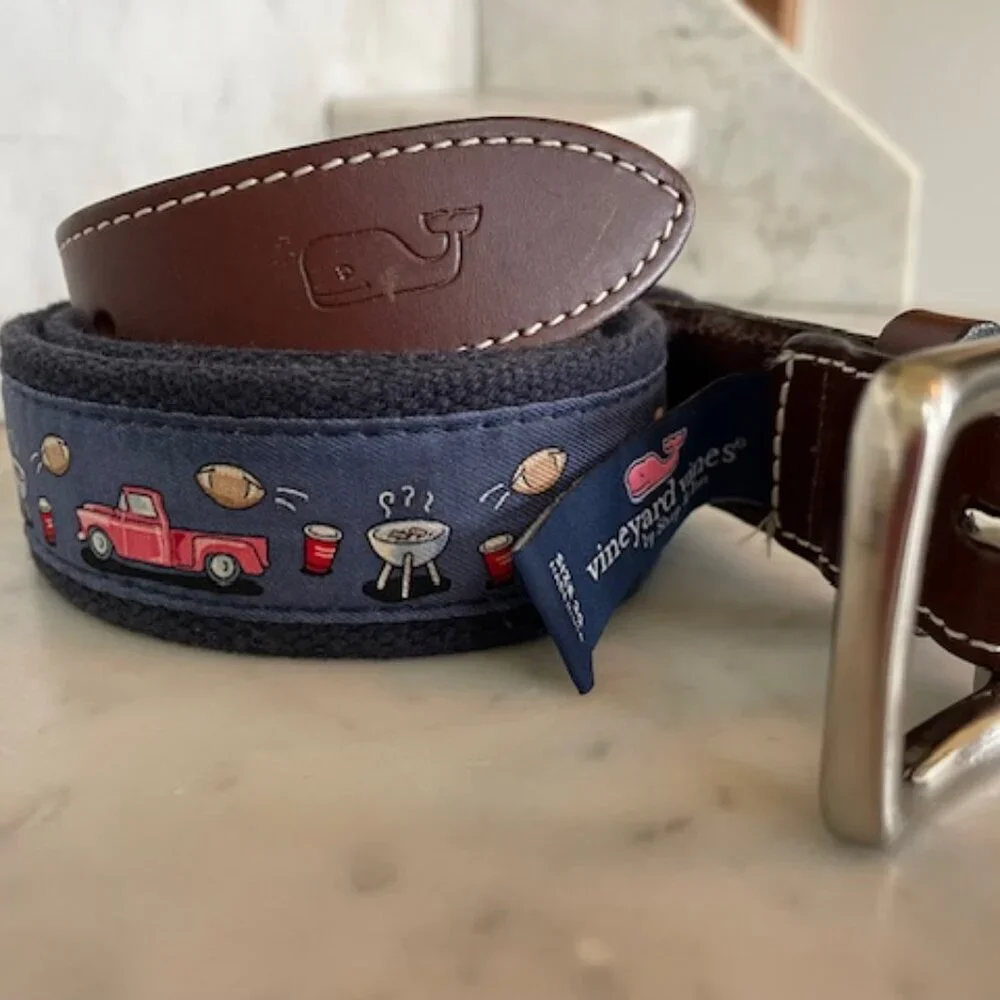 VINEYARD VINES Game Day Blue Ribbon D-Ring Belt Vintage 30